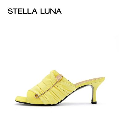 STELLA LUNA2021夏季新款反绒金属方头露趾高跟外穿拖鞋女凉拖